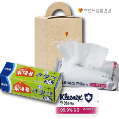 브랜드생활건강 291호 2종세트 (크리넥스 안심물티슈+크린랩 휴대용 중형 30매)