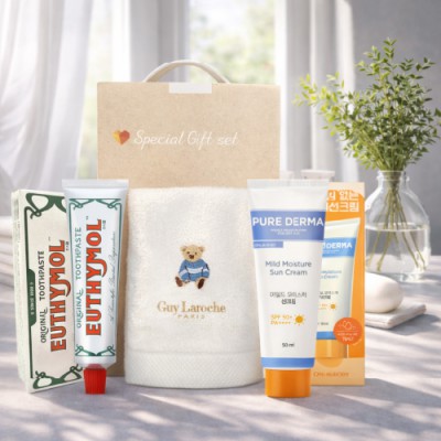유시몰 치약세트(치약40g+베어자수150g수건타올+LG생활건강 퓨어더마 선크림50g)