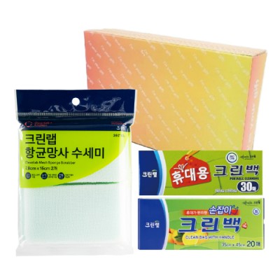 크린랩 브생건327호(휴대용30매 크린백+손잡이20매 위생백+항균망사수세미2매)