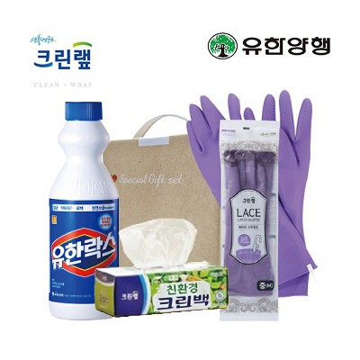 친환경스위트홈세트60호(유한양행 유한락스+크린랩크린백+레이스고무장갑)
