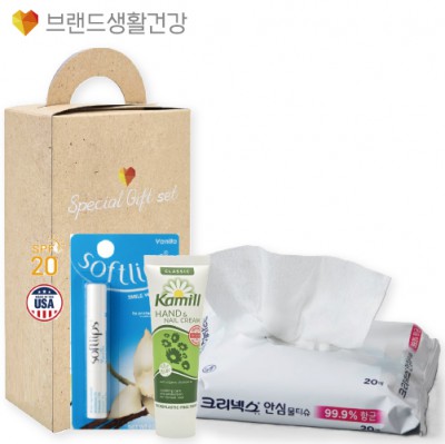 브생건693호 3종세트(카밀 핸드크림+멘소래담 소프트립스 립밤+크리넥스 안심99.9% 항균물티슈)