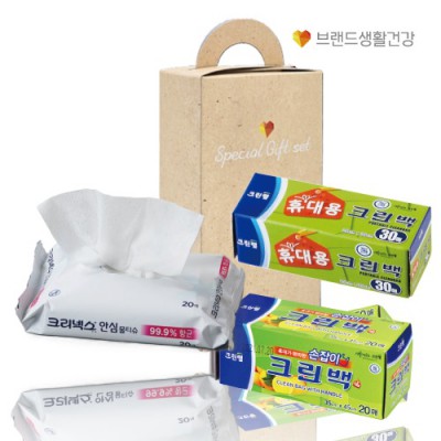 크린랩 브생건334호(휴대용30매 크린백+손잡이20매 위생백+크리넥스 안심물티슈20매)
